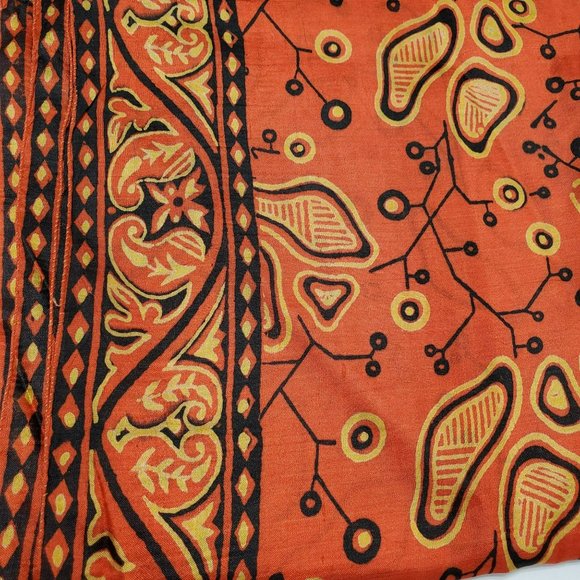 Vintage Silk Scarf, Indian Block Print Scarf, Hand Woven, India, Red Orange - Picture 3 of 5